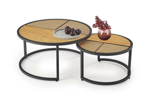 Zestaw 2 okrągłych stolików kawowych Namiga boho rattan dąb złoty i czarny do salonu 2w1