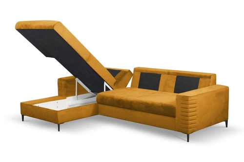 Narożnik z funkcją spania Hald lewy nowoczesny welurowy żółty do salonu z pojemnikiem