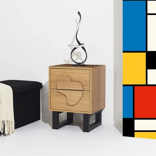 Szafka nocna Intesi Calypso 40 cm z 2 szufladami w stylu boho, naturalny dąb/czarny, elegancka i funkcjonalna do sypialni