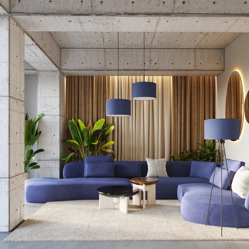 Lampa stojąca do salonu NEVIA granatowa nowoczesna z abażurem na metalowej podstawie