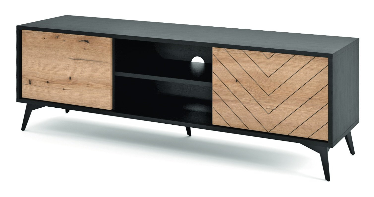 Szafka RTV Fargo loftowa w jodełkę 154 cm stojąca do salonu dąb i czarna nowoczesna