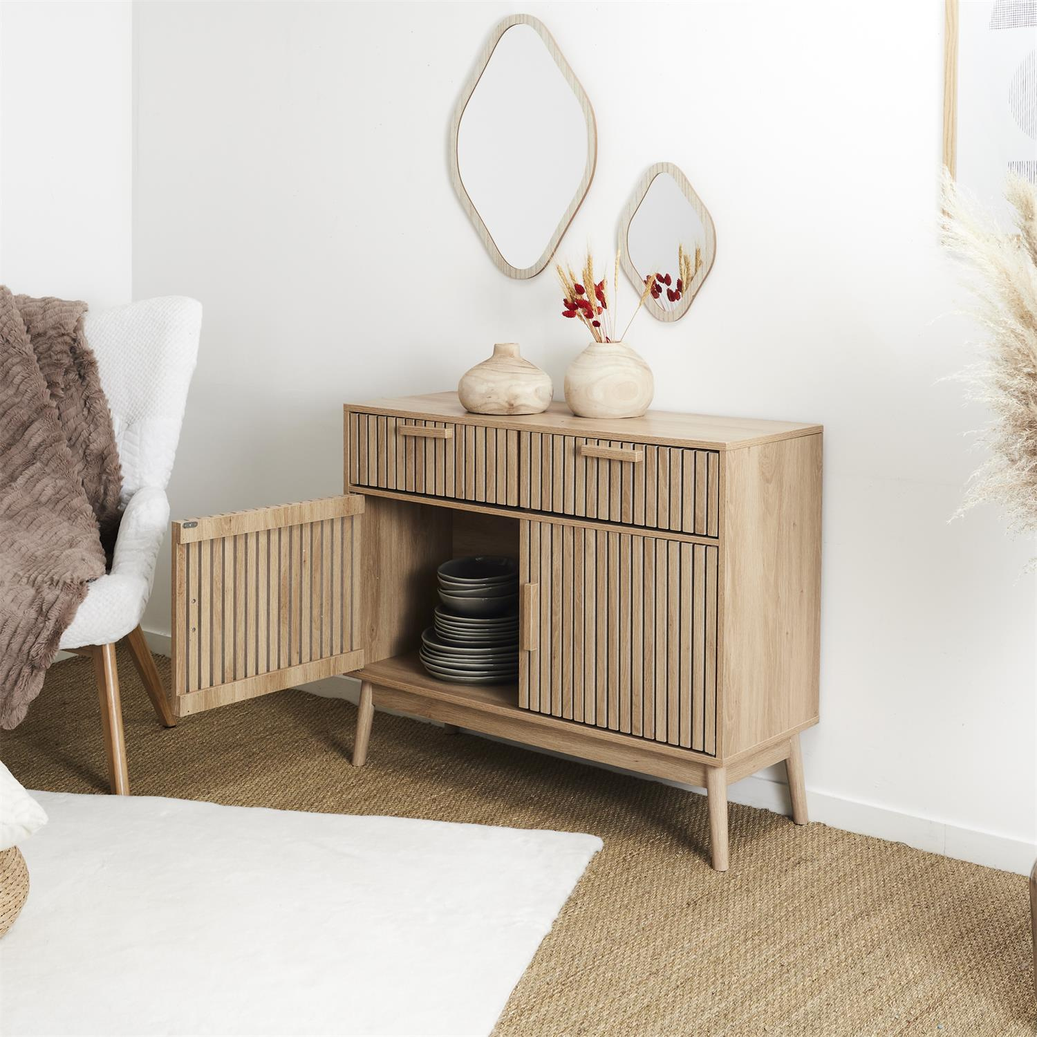 Komoda Klaus drewniana z szufladami i szafkami skandynawska 100 cm do salonu Intesi