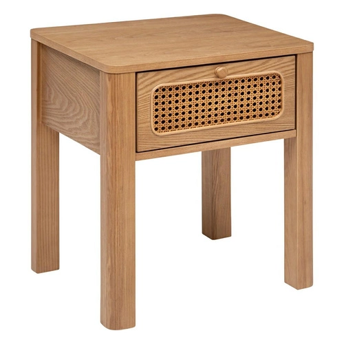 Szafka nocna Tira 45 cm w stylu boho z rattanowym frontem i szufladą – Atmosphera naturalna elegancja do sypialni