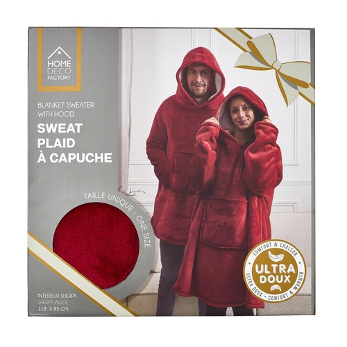Intesi Snuddie koc z rękawami ciepły czerwony do salonu przytulny na zimę