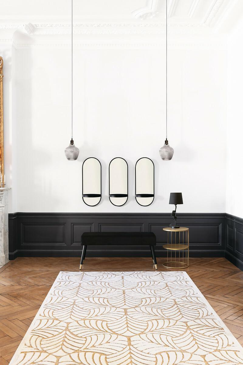 Okrągły stolik kawowy Kobu złoty metalowy z półkami nowoczesny do salonu Atmosphera