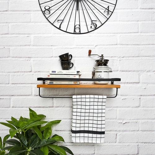 Półka kuchenna loftowa Indu czarna drewniana wisząca na przyprawy z poprzeczką Intesi