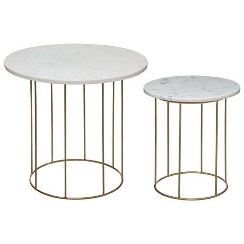 Zestaw 2 okrągłych stolików kawowych Garance biały marmur i złoty glamour do salonu Atmosphera