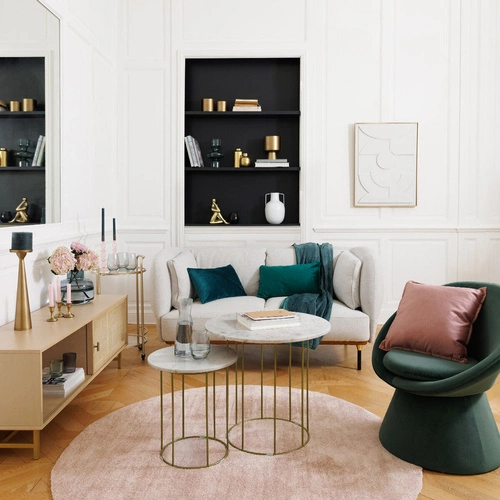 Zestaw 2 okrągłych stolików kawowych Garance biały marmur i złoty glamour do salonu Atmosphera