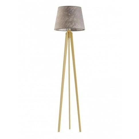 Lampa podłogowa Curacao Lysne nowoczesna drewniana z szarym abażurem do salonu 158 cm