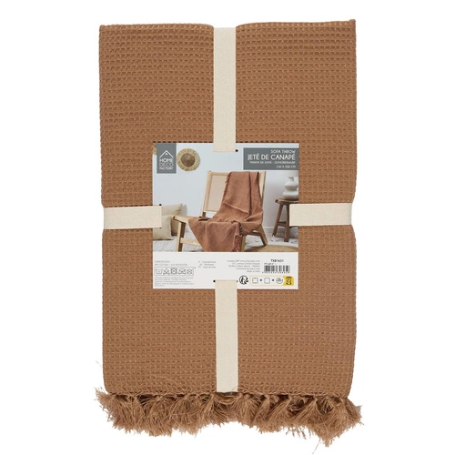 Koc bawełniany Waffle Intesi ochra 150x200 cm ciepły pled na kanapę lub łóżko