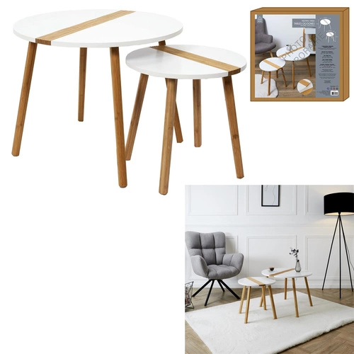 Zestaw 2 okrągłych stolików kawowych Paraiba biały drewniany skandynawski do salonu 2w1