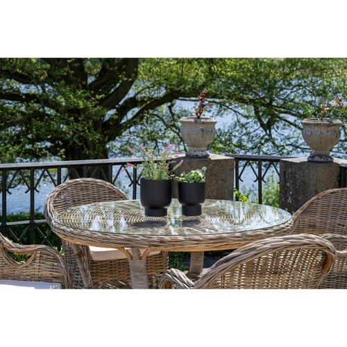 Stół okrągły 120 cm Larisa rattan i szkło do jadalni i ogrodu nowoczesny Intesi