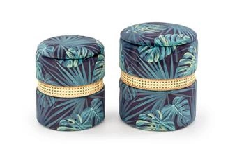 Zestaw 2 puf Dadra okrągłych ze schowkiem zielone do salonu i przedpokoju rattan tapicerowane