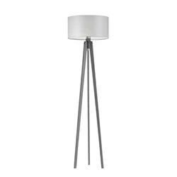 Lampa stojąca do salonu Miami Lysne szara trójnóg drewniana z abażurem personalizacja