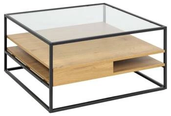 Stolik kawowy Randolf kwadratowy szklany z półkami dąb nowoczesny loftowy do salonu 80x80 cm