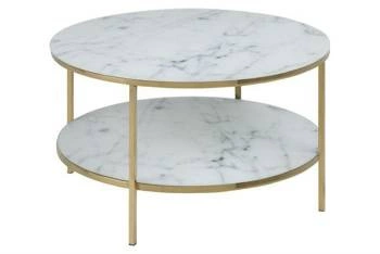 Stolik kawowy Alisma okrągły szklany glamour z półką biały i złoty do salonu 80 cm