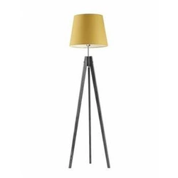 Lampa podłogowa drewniana trójnóg ARUBA glamour z abażurem musztardowym do salonu Lysne