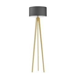 Lampa podłogowa trójnóg MIAMI glamour z abażurem grafitowym i dębowym stelażem do salonu