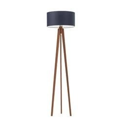 Lampa stojąca do salonu Miami trójnóg glamour z abażurem granatowym i podstawą mahoniową