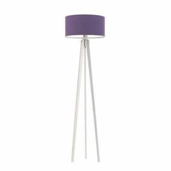 Lampa stojąca do salonu Miami trójnóg drewniana fioletowy abażur biała podstawa glamour