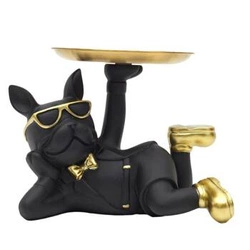 Figurka dekoracyjna buldog z tacą Intesi czarna glamour do salonu lub na prezent