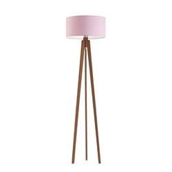 Lampa stojąca do salonu Miami trójnóg glamour z jasnoróżowym abażurem i mahoniową podstawą