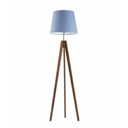 Lampa podłogowa drewniana Aruba niebieska trójnóg z abażurem do salonu i sypialni Lysne