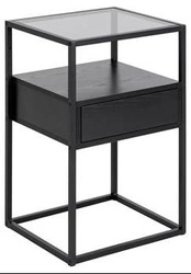 Szafka nocna Actona Randolf czarna z push-to-open, 40 cm, industrialny styl, elegancki blat szklany