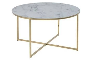 Stolik kawowy Alisma okrągły szklany biały ze złotą metalową podstawą glamour do salonu 80 cm