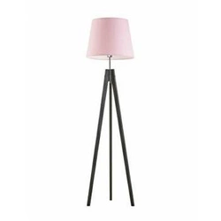 Lampa stojąca do salonu Aruba trójnóg drewniana z abażurem różowym Lysne 149 cm