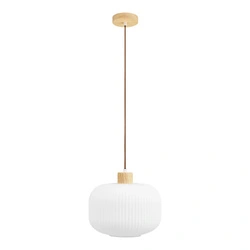Lampa wisząca Argalo szklana biała z drewnem do jadalni 30 cm