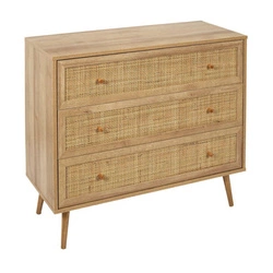 Komoda Bali boho z plecionym frontem, 3 szuflady, brązowa, komoda do salonu 90 cm Intesi