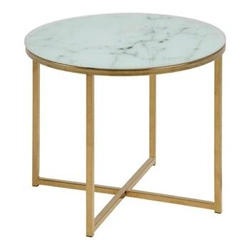 Stolik kawowy okrągły szklany Alisma 50 cm biały marmur glamour złoty do salonu Actona