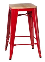 Hoker Paris Wood 65 cm czerwony industrialny metalowy z drewnianym siedziskiem do wyspy kuchennej