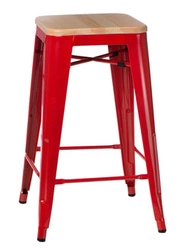 Hoker Paris Wood 75 cm czerwony industrialny metalowy z drewnianym siedziskiem do wyspy kuchennej