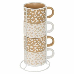 Zestaw 4 beżowych kubków ceramicznych Gepart 340ml na kawę i herbatę ze stojakiem 5five