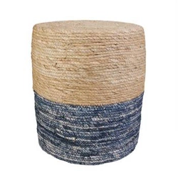 Pufa Bolsa okrągła pleciona boho do salonu i przedpokoju naturalno-niebieska Intesi 41 cm