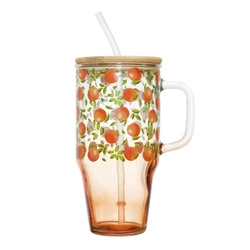 Szklany kubek z pokrywką i słomką Soleo 650ml rustykalny pomarańczowy do napojów Intesi