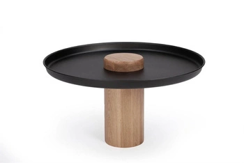 Stolik kawowy okrągły TYK 63 cm dębowy z czarnym stalowym blatem nowoczesny do salonu NORDIFRA