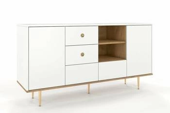 Komoda biała glamour z szufladami Harmoni 160 cm drewniana na złotych nóżkach do salonu SKANDICA