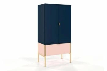 Komoda wysoka glamour z szufladą i szafkami Polka Navy Blue/Pink 120 cm do salonu SKANDICA