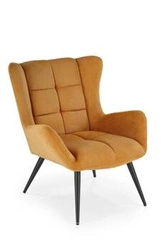 Fotel uszak Wallace musztardowy do salonu nowoczesny tapicerowany tkaniną z podłokietnikami