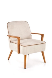 Fotel wypoczynkowy Grejs beżowy skandynawski do salonu z tkaniny na drewnianych nogach