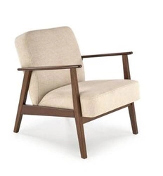 Fotel kubełkowy Fomben beżowy do salonu tapicerowany, wygodny, nowoczesny, drewno bukowe