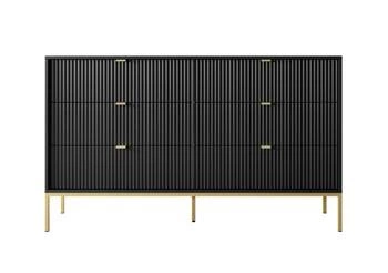 Komoda Delicious czarna ryflowana z 6 szufladami na złotych nogach glamour do salonu 154 cm