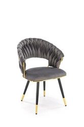 Krzesło do jadalni Tenay tapicerowane welur szary z podłokietnikami glamour na złotych nogach