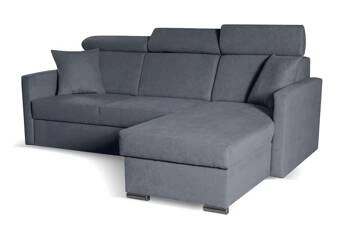 Nowoczesny narożnik z funkcją spania i pojemnikiem Mils do salonu szary granatowy