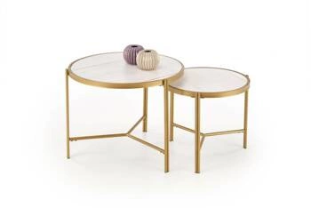 Zestaw 2 okrągłych stolików kawowych Kalund biały marmur złoty nowoczesny glamour do salonu
