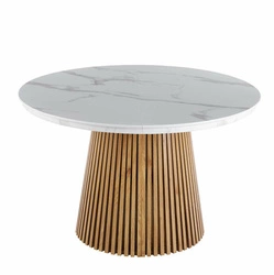 Stół rozkładany Kyoto okrągły 120/200 cm biały marmur dąb nowoczesny do jadalni i salonu