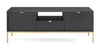 Szafka RTV Delicious czarna ryflowana z szufladą na wysokich złotych nogach 154 cm do salonu